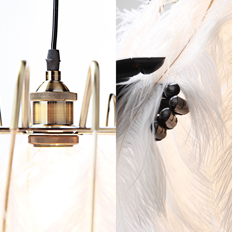 Romantic Drum Pendant Light 1 Light Feather & Metal Suspension Light in White for Adult Bedroom