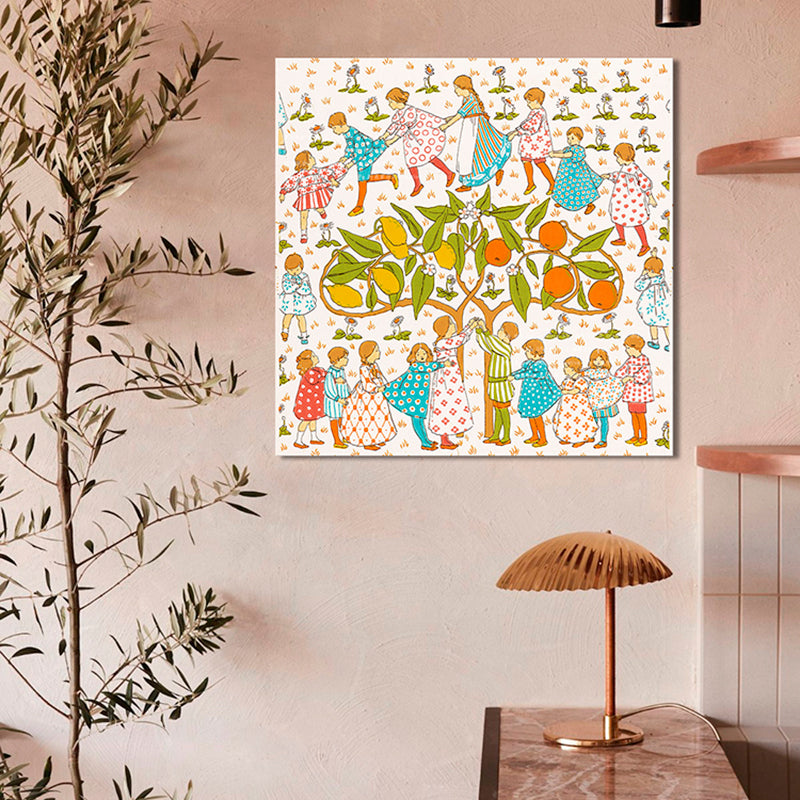 Tree and Kids Canvas Print Textured Children's Art Kids Bedroom Wall Decor in Orange