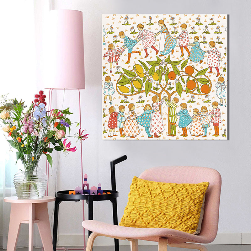 Tree and Kids Canvas Print Textured Children's Art Kids Bedroom Wall Decor in Orange