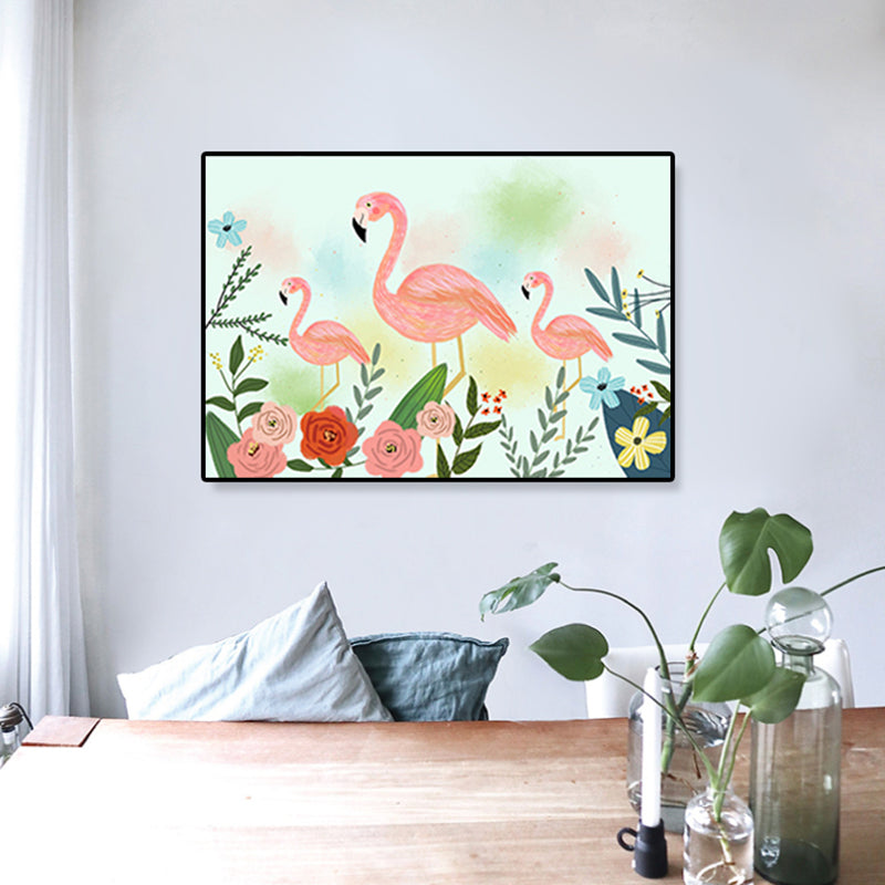 Flamingo Print Painting Tropical Stylish Textured Canvas Wall Art for Dining Room