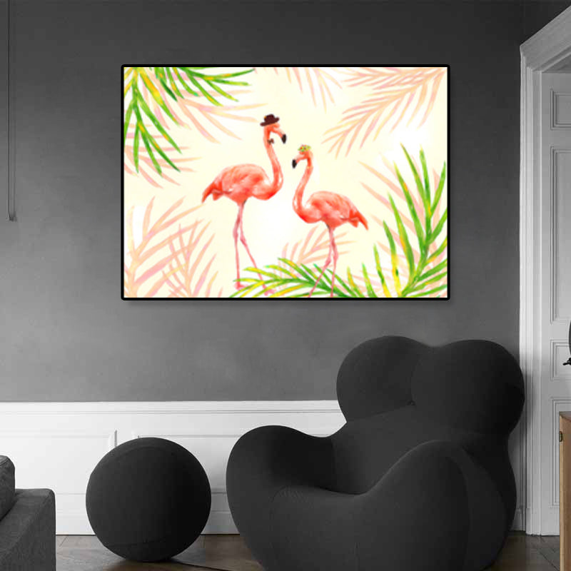 Flamingo Print Painting Tropical Stylish Textured Canvas Wall Art for Dining Room