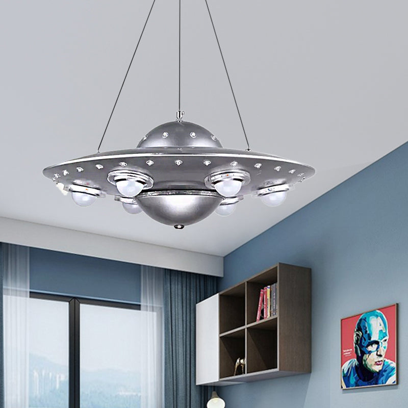Metall UFO Pendelleuchte sechs Lichter kreative Federung Licht in Silber für Jungen Schlafzimmer