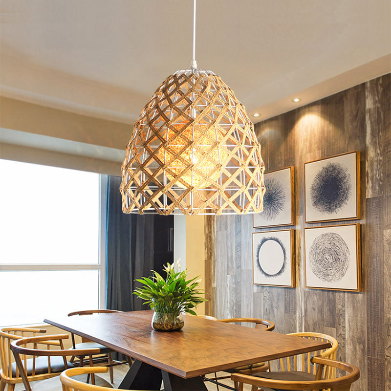 Beige draadframe hanglamp 1 lichte Aziatische stijl metalen en touwhangende lamp voor cottage