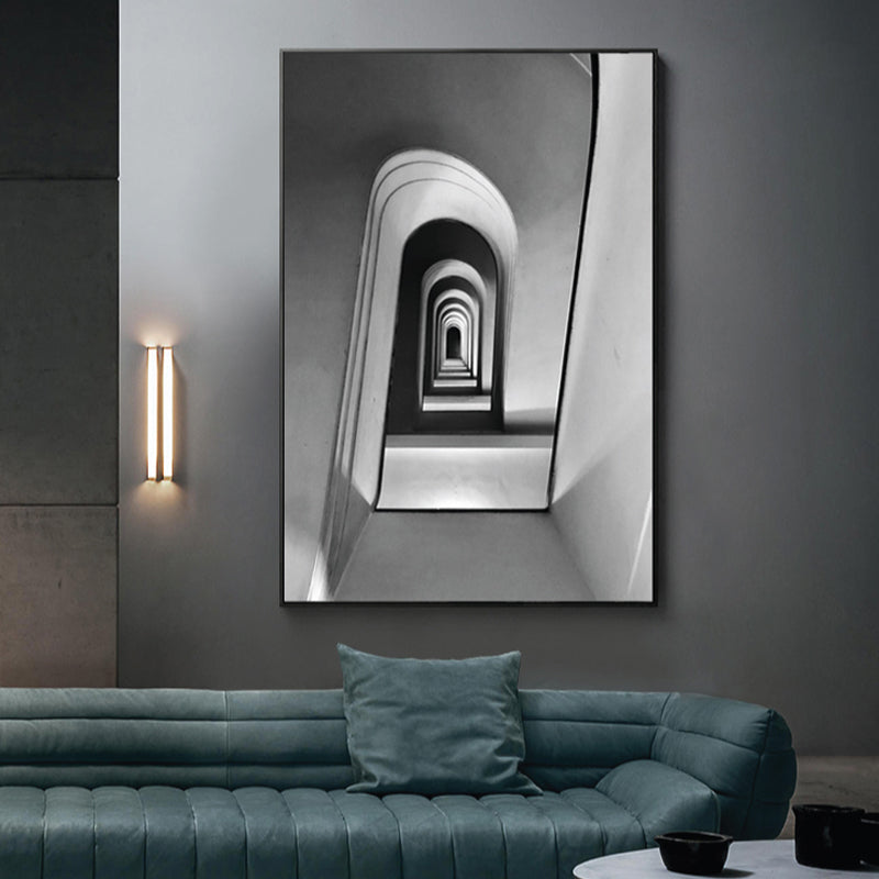 Photograph Architecture Arched Hall Canvas Vintage Textured Wall Art Print in Grey