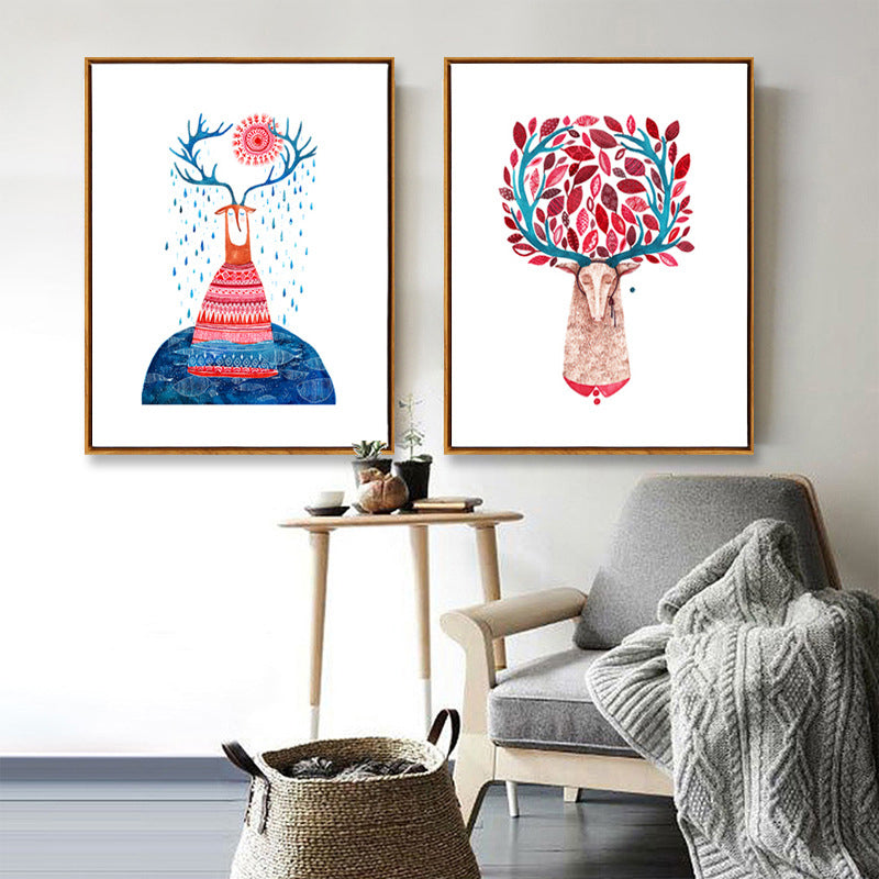 Pink Deers Wall Art Set Textured Nordic Style Sitting Room Canvas Print on White