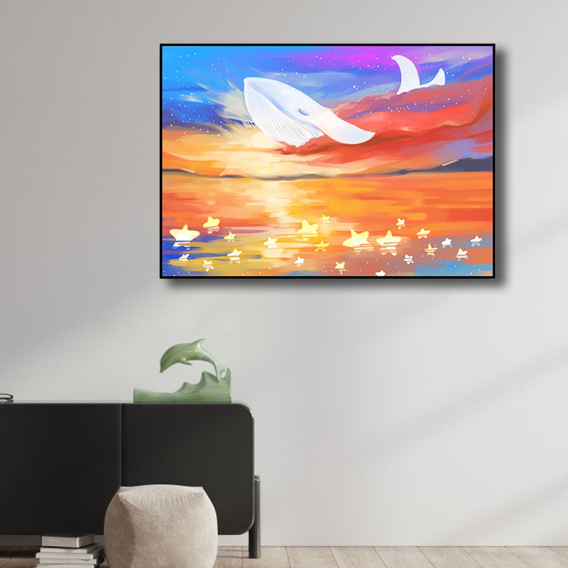Sea Animal and Ocean Painting Light Color Kids Style Wrapped Canvas for Family Room