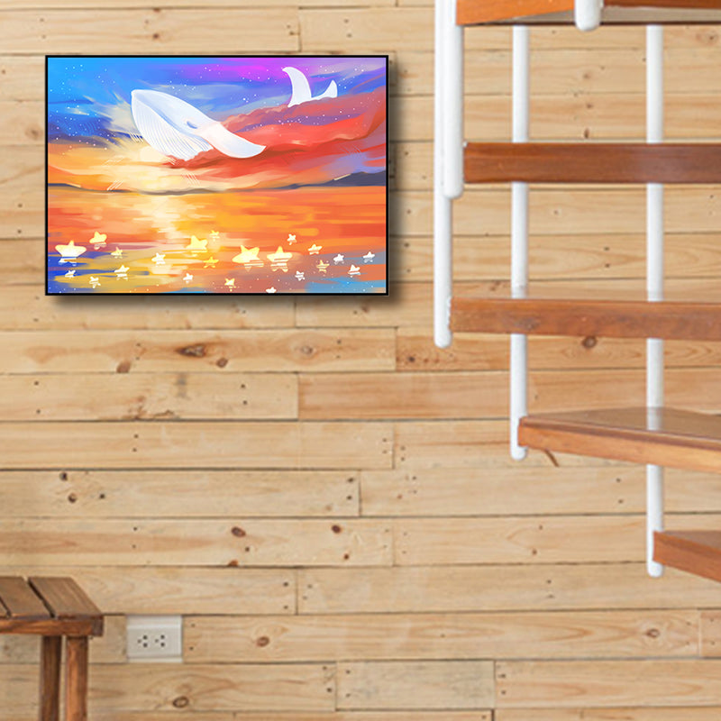 Sea Animal and Ocean Painting Light Color Kids Style Wrapped Canvas for Family Room