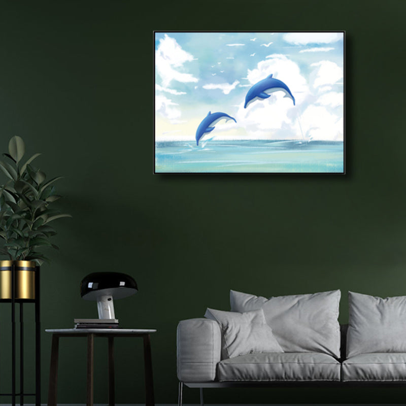 Sea Animal and Ocean Painting Light Color Kids Style Wrapped Canvas for Family Room