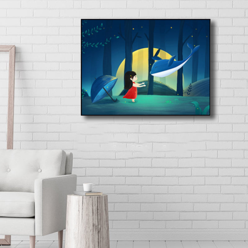 Sea Animal and Ocean Painting Light Color Kids Style Wrapped Canvas for Family Room
