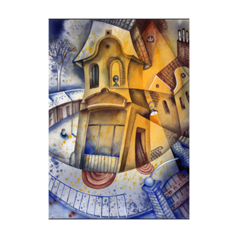 Toile texturée moderne avec illustration de décoration murale de bâtiment de couleur douce pour salle familiale