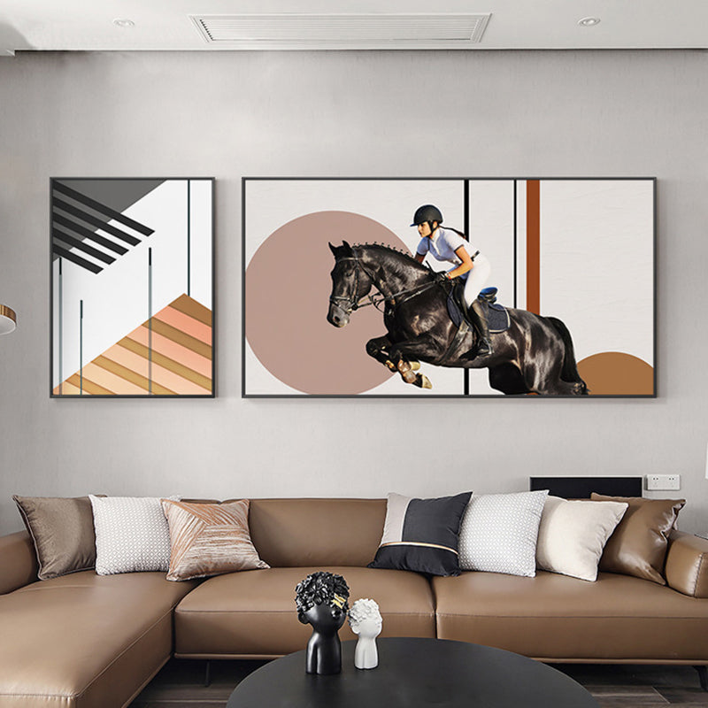 Bright Lady Rider Canvas Print with Geometric Background Modern Textured Wall Art
