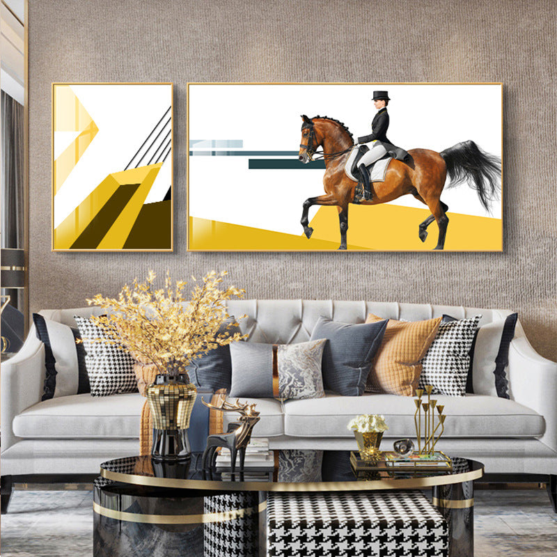 Bright Lady Rider Canvas Print with Geometric Background Modern Textured Wall Art