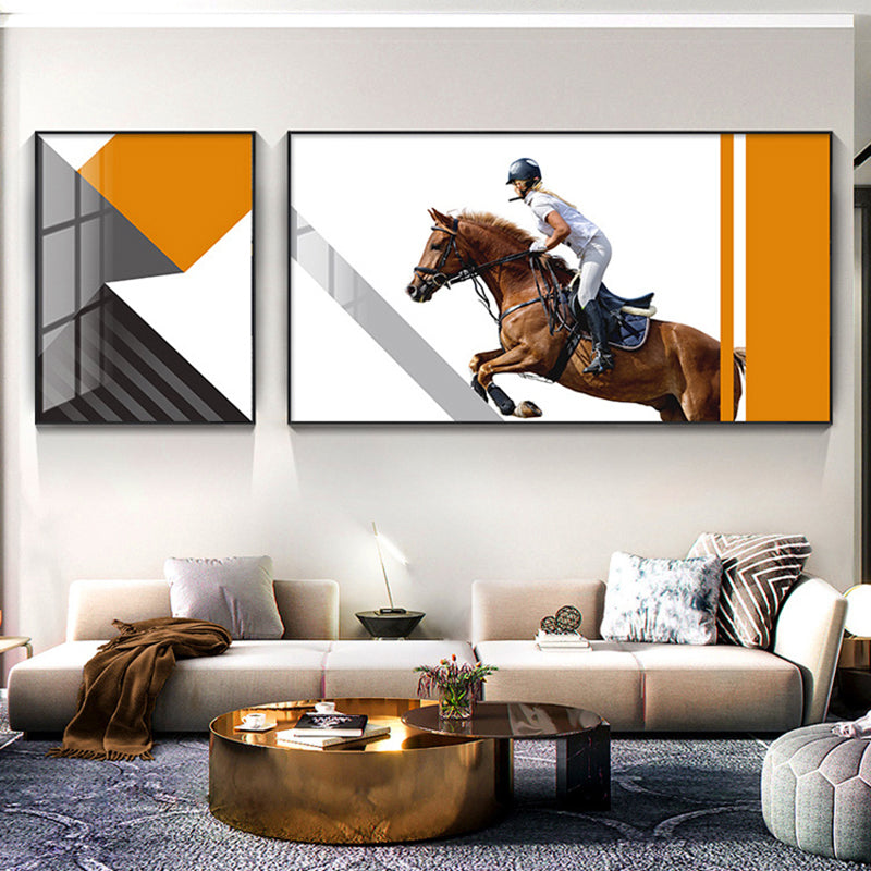 Bright Lady Rider Canvas Print with Geometric Background Modern Textured Wall Art