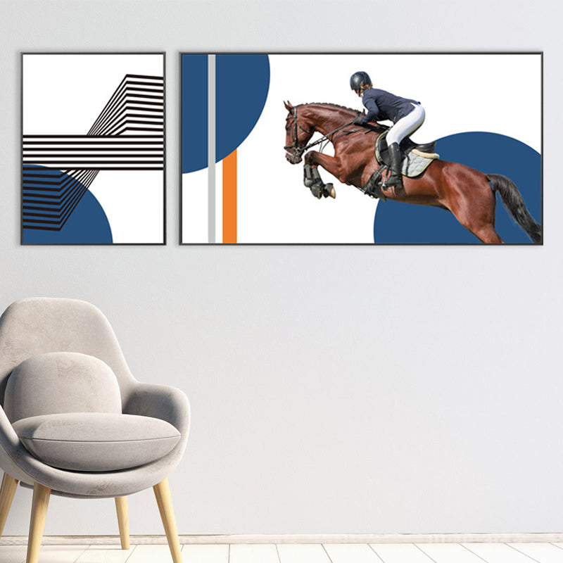 Bright Lady Rider Canvas Print with Geometric Background Modern Textured Wall Art