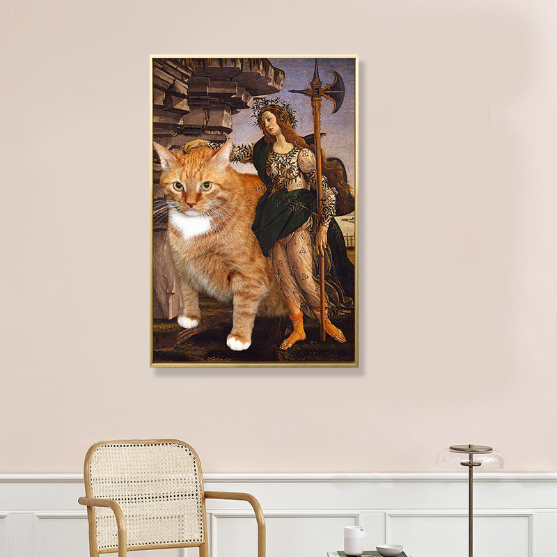 Brown Retro Style Wall Art Mixed Media Woman with Her Cat Ride Canvas for Bedroom