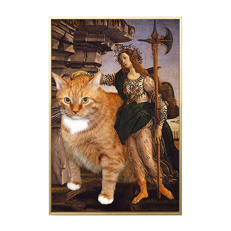 Brown Retro Style Wall Art Mixed Media Woman with Her Cat Ride Canvas for Bedroom