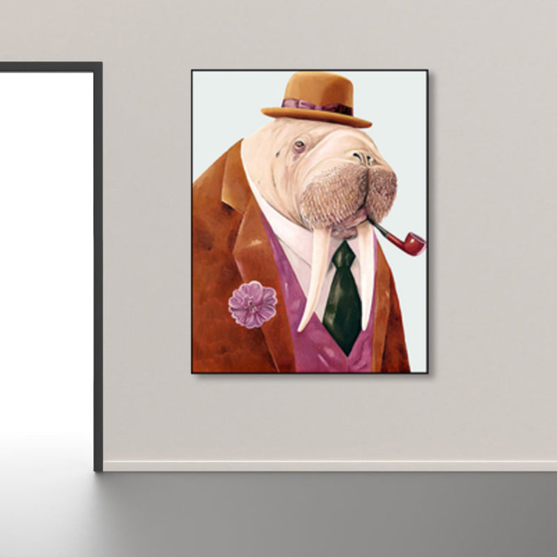 Personified Animal Canvas Children's Art Creature Painting in Light Color for Guest Room