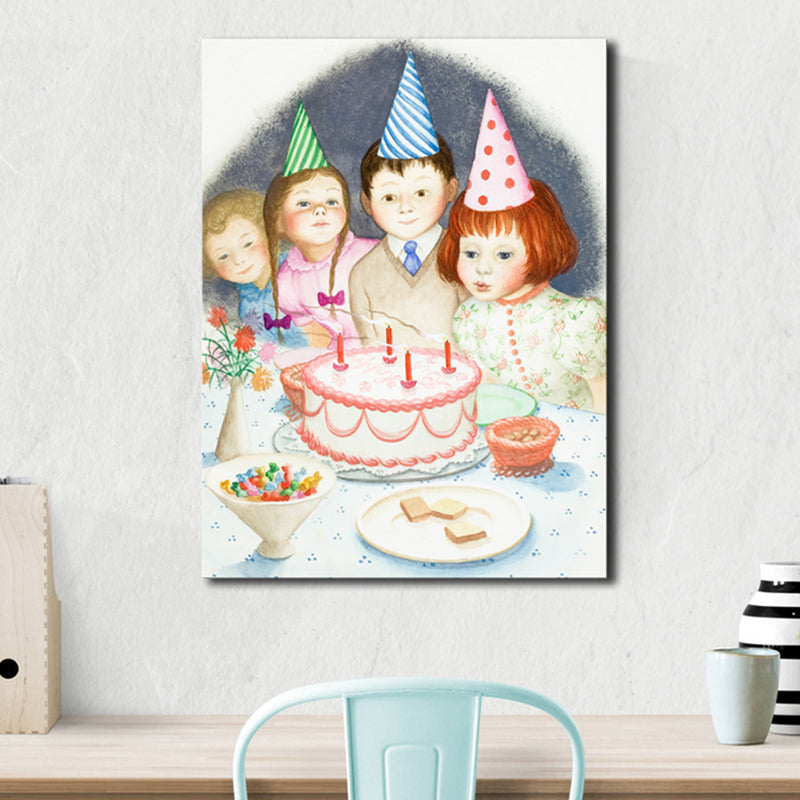 Illustrated Children's Art Canvas Print with Kids Birthday Scene in Light Pink for Parlour