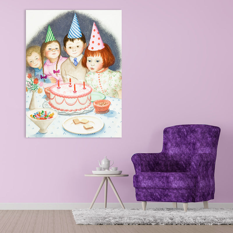 Illustrated Children's Art Canvas Print with Kids Birthday Scene in Light Pink for Parlour