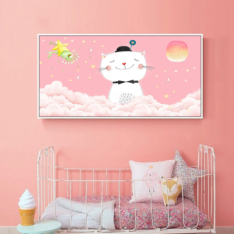 Cartoon Animal Canvas Print Pastel Color Fairy Tale Wall Art Decor for Nursery School
