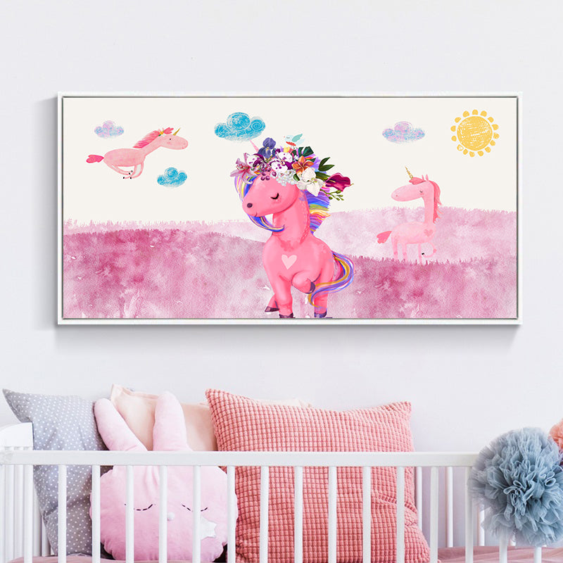 Cartoon Animal Canvas Print Pastel Color Fairy Tale Wall Art Decor for Nursery School