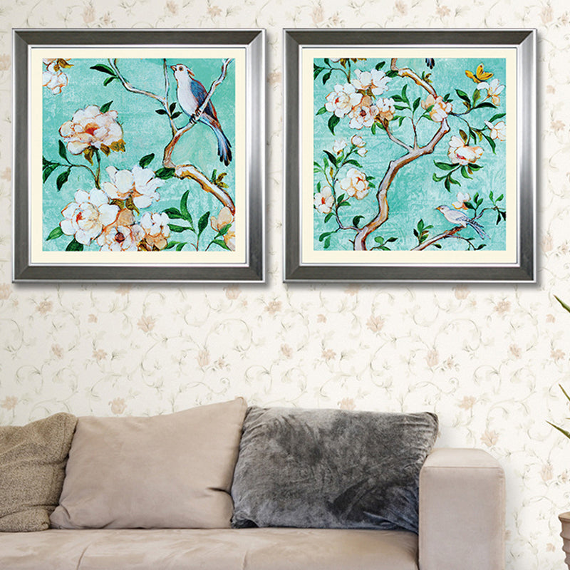 Décoration murale de branche de fleur de couleur pastel, toile texturée rustique florentine pour salon