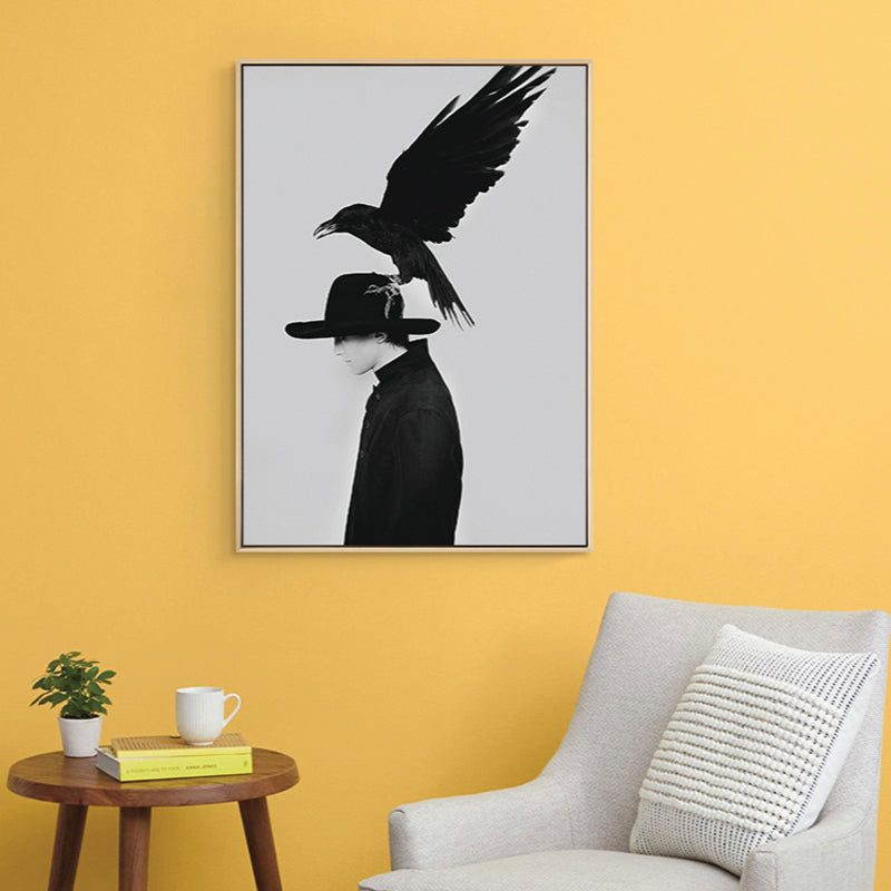 Black Fashion Canvas Art Photograph Crow and Woman Retro Textured Wall Decor for Room