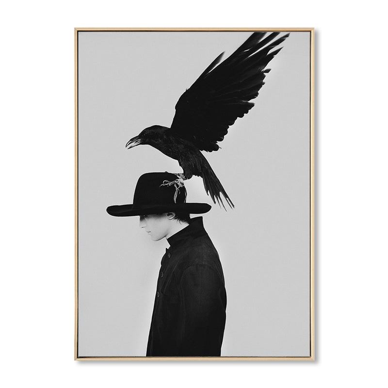 Black Fashion Canvas Art Photograph Crow and Woman Retro Textured Wall Decor for Room