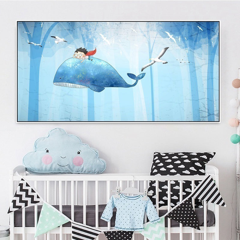 Kids Adventure with Animal Canvas Soft Color Baby Room Wall Art Print, Multiple Sizes