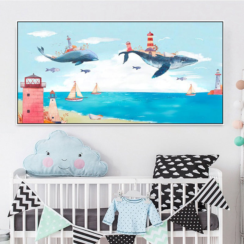 Kids Adventure with Animal Canvas Soft Color Baby Room Wall Art Print, Multiple Sizes