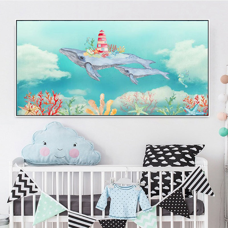 Kids Adventure with Animal Canvas Soft Color Baby Room Wall Art Print, Multiple Sizes