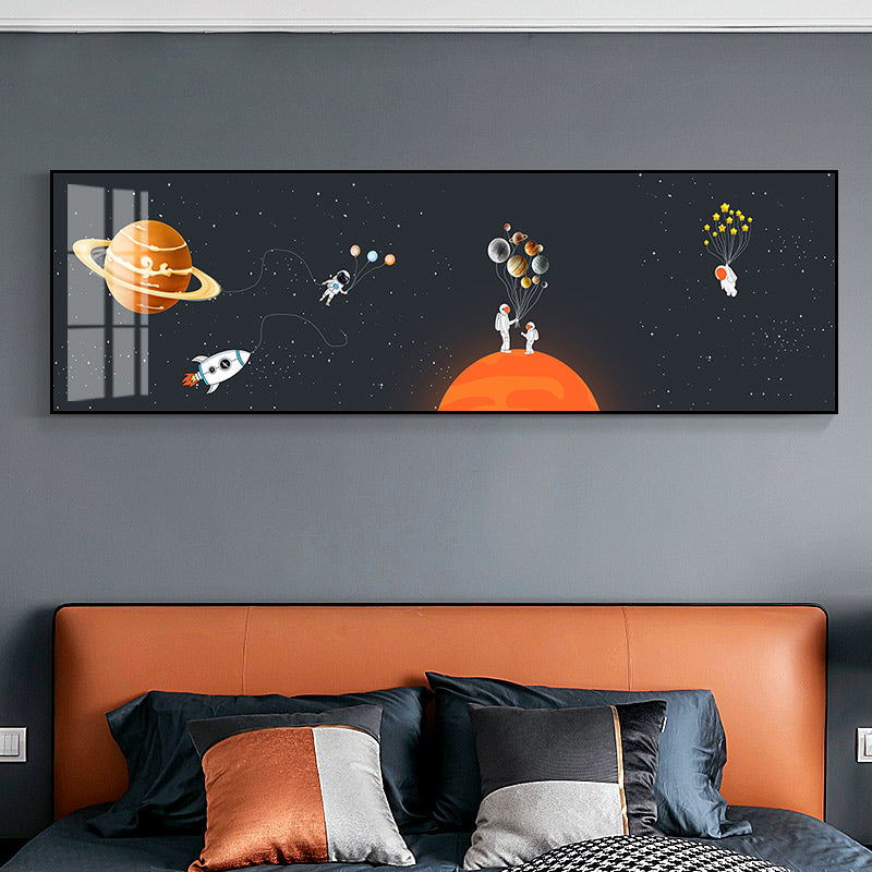 Spaceman and Planet Canvas Art Kids Style Textured Wall Decor in Soft Color for Home