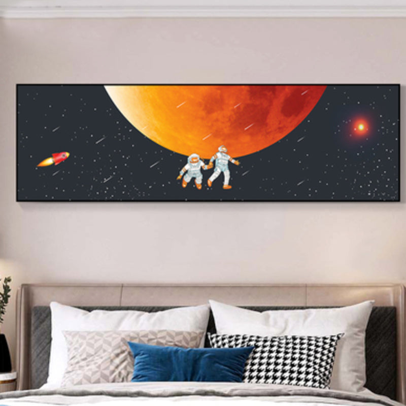 Spaceman and Planet Canvas Art Kids Style Textured Wall Decor in Soft Color for Home