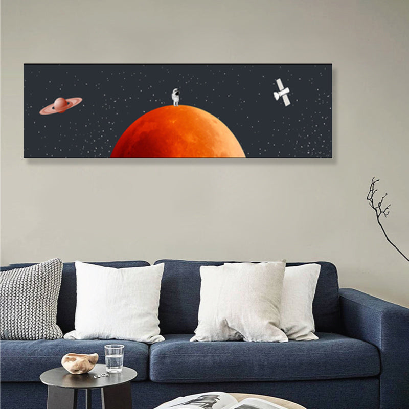Spaceman and Planet Canvas Art Kids Style Textured Wall Decor in Soft Color for Home