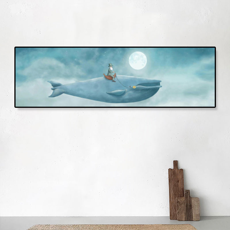 Illustrated Whale and Moon Canvas Art Soft Color Kids Style Wall Decor for Living Room