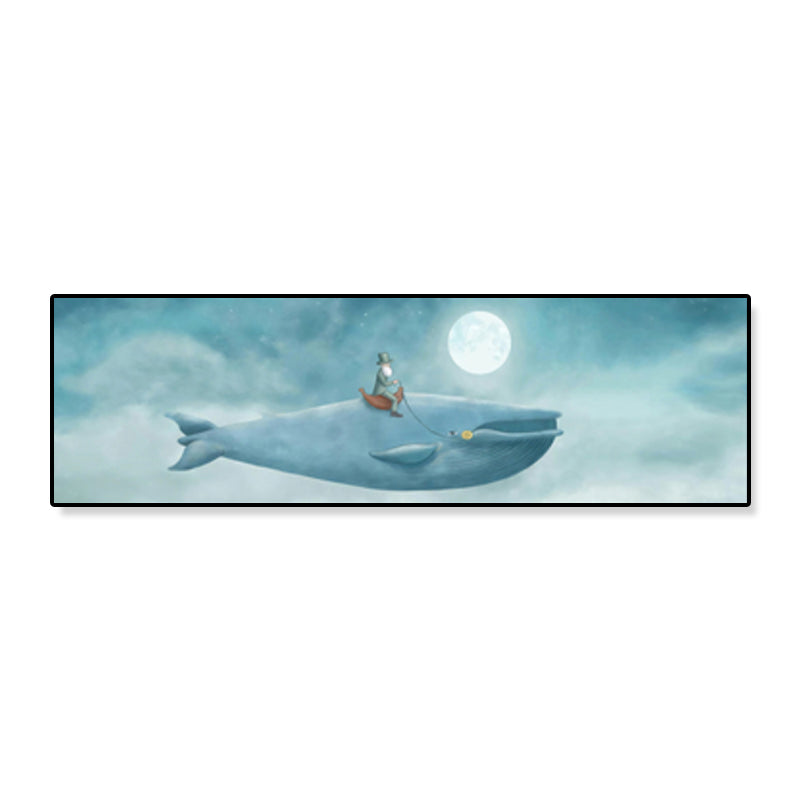 Illustrated Whale and Moon Canvas Art Soft Color Kids Style Wall Decor for Living Room