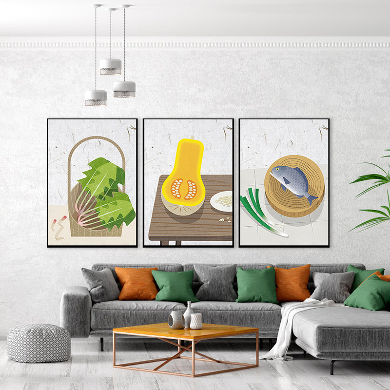 Toile imprimée d'art alimentaire illustré nordique, décoration murale texturée de couleur douce pour salle à manger