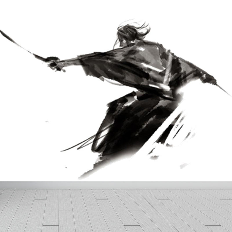 Contemporary Boys Mural Wallpaper Giant Fighting Warrior Pattern Black Wall Covering