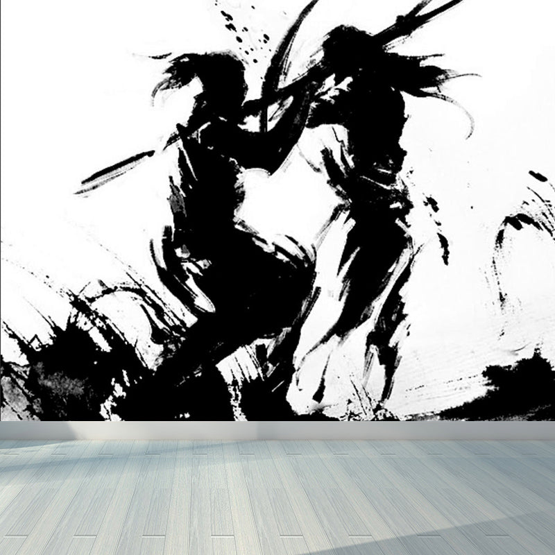 Contemporary Boys Mural Wallpaper Giant Fighting Warrior Pattern Black Wall Covering