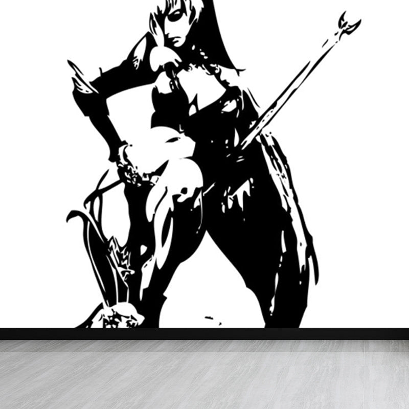 Contemporary Boys Mural Wallpaper Giant Fighting Warrior Pattern Black Wall Covering