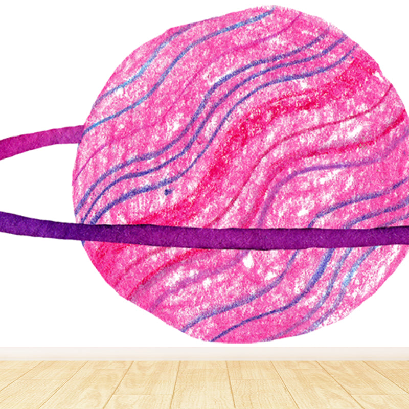 Watercolor Ringed Planet Mural Kids Style Smooth Wall Art in Dark Color for Bedroom