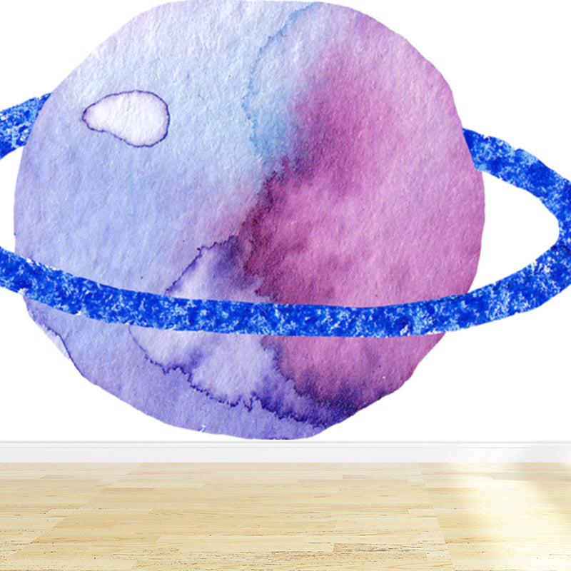 Watercolor Ringed Planet Mural Kids Style Smooth Wall Art in Dark Color for Bedroom