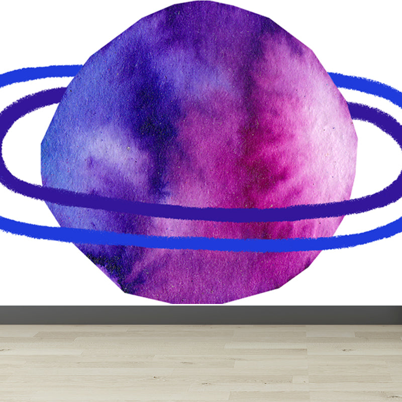 Watercolor Ringed Planet Mural Kids Style Smooth Wall Art in Dark Color for Bedroom