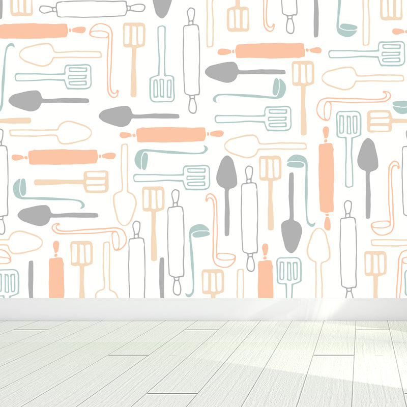 Contemporary Dinnerware Mural Non-Woven Fabric Washable Pastel Wall Decor for Kitchen