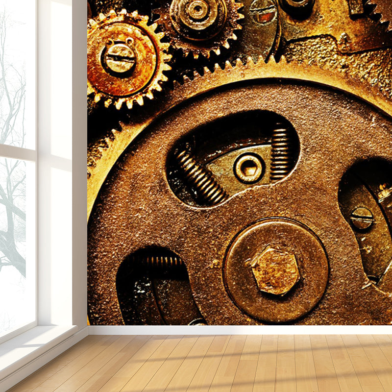 Contemporary Metal Gear Wall Mural Non-Woven Textured Stain-Proofing Dark Color Wall Art for Room