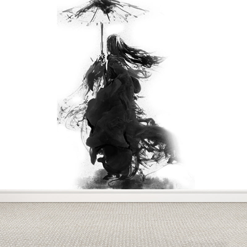 Black Modern Mural Wallpaper Huge Swordsman Portrait Wall Covering for Guest Room