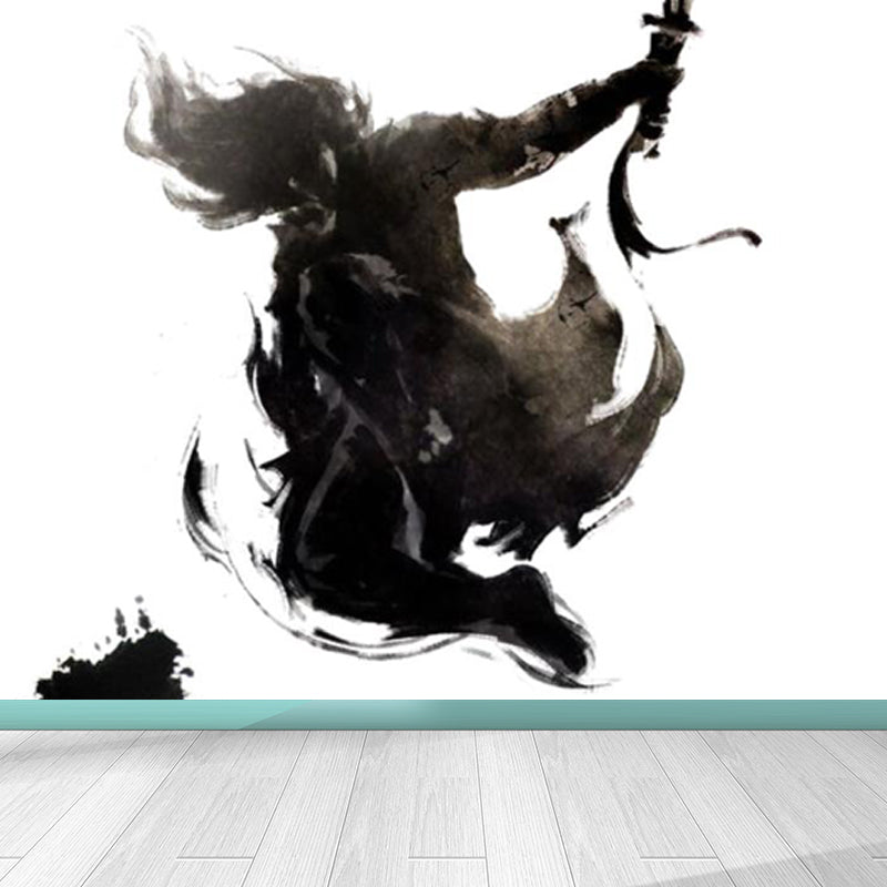 Black Modern Mural Wallpaper Huge Swordsman Portrait Wall Covering for Guest Room