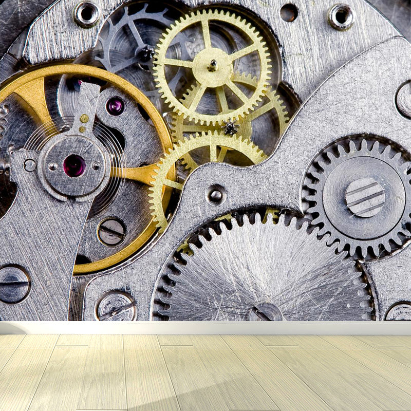 Photograph Metal Gear Mural Decal Modern Non-Woven Textured Wall Covering in Pastel Color