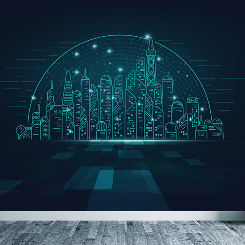 Contemporary City Building Mural Soft Color Stain-Proofing Wall Art for Dining Room