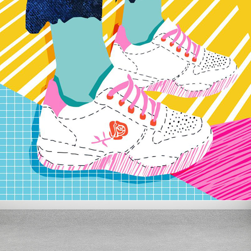 Full Size Illustration Modern Mural Wallpaper with Fashionable Shoes Graphic in Light Color